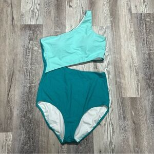 One-Shoulder Teal Swim One Piece